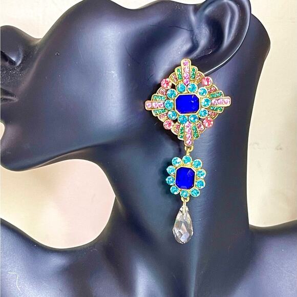 NEW Earrings 2" Drop Dangle Chunky Blue Rhinestone teardrop pierced A14 - Picture 1 of 4